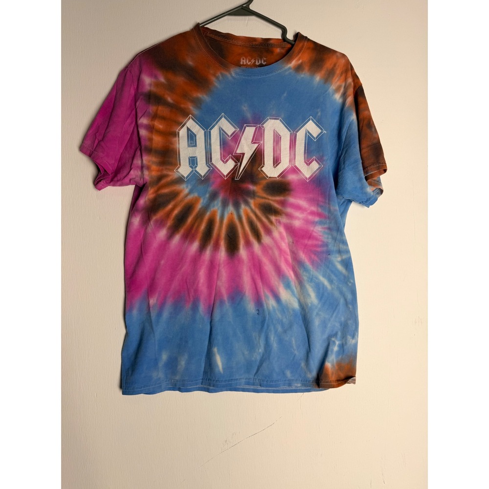 ACDC Tie Dye Band Tee Shirt Mens Medium Blue Pink Orange Graphic Rock Concert